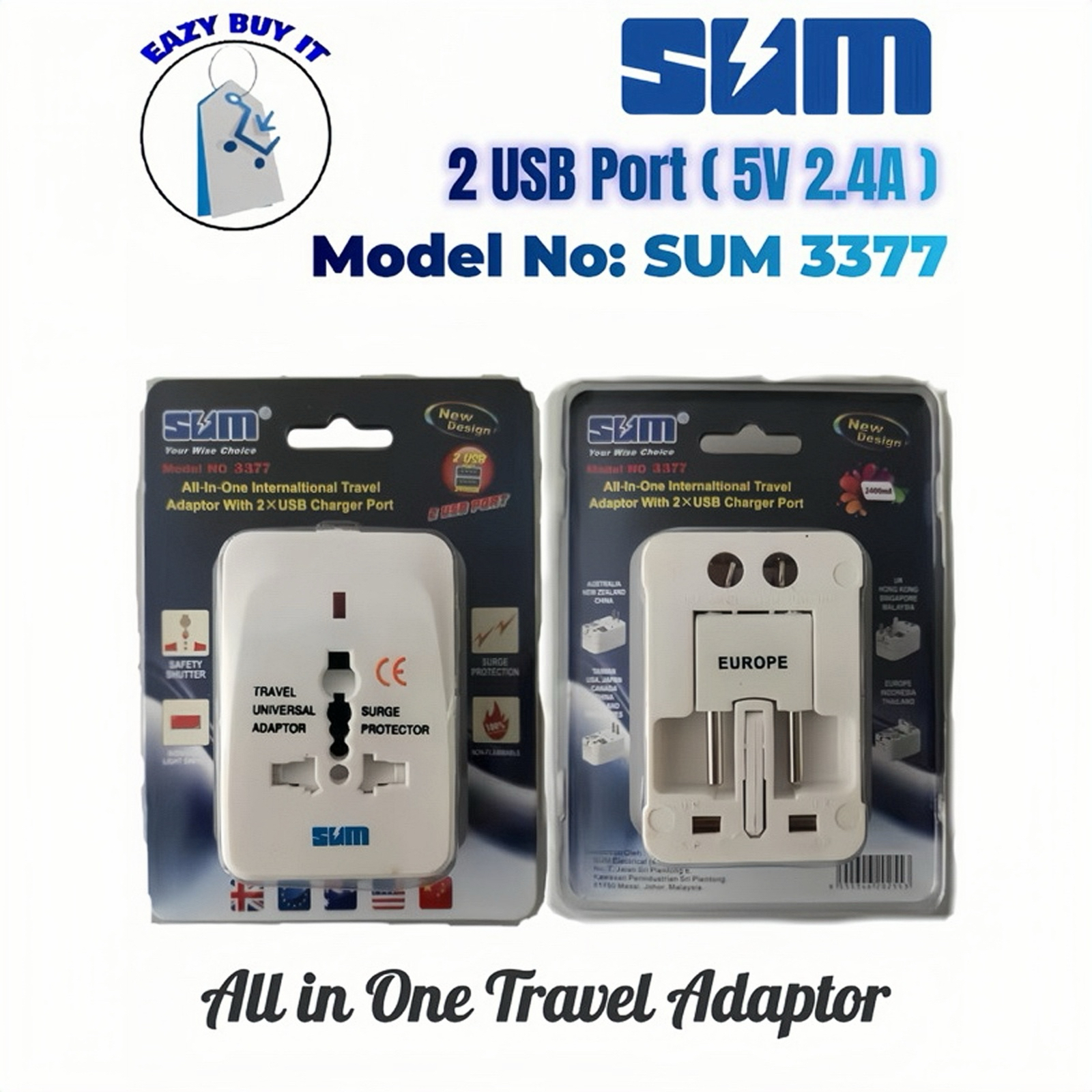 SUM ALL IN ONE TRAVEL ADAPTOR 5V WITH 2x USB-A PORTS 2.4A [SUM-3377]