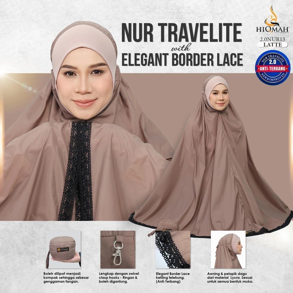 NUR TRAVELITE 2.0 SERIES by TELEKUNG HIQMAH Telekung Travel with Elegant Border Lace, Kompak, Ringan