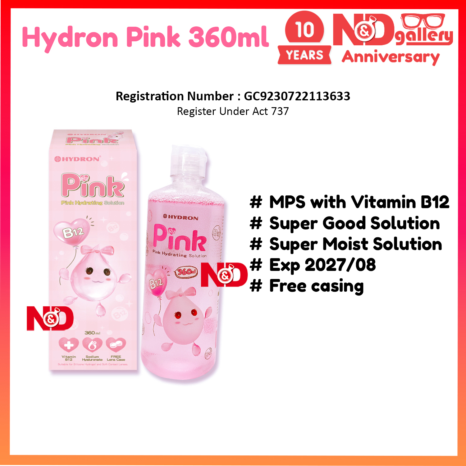 Horien Eye Secret Hydron Pink with Vitamin B12 360ml Multi Purpose Solution For contact lens