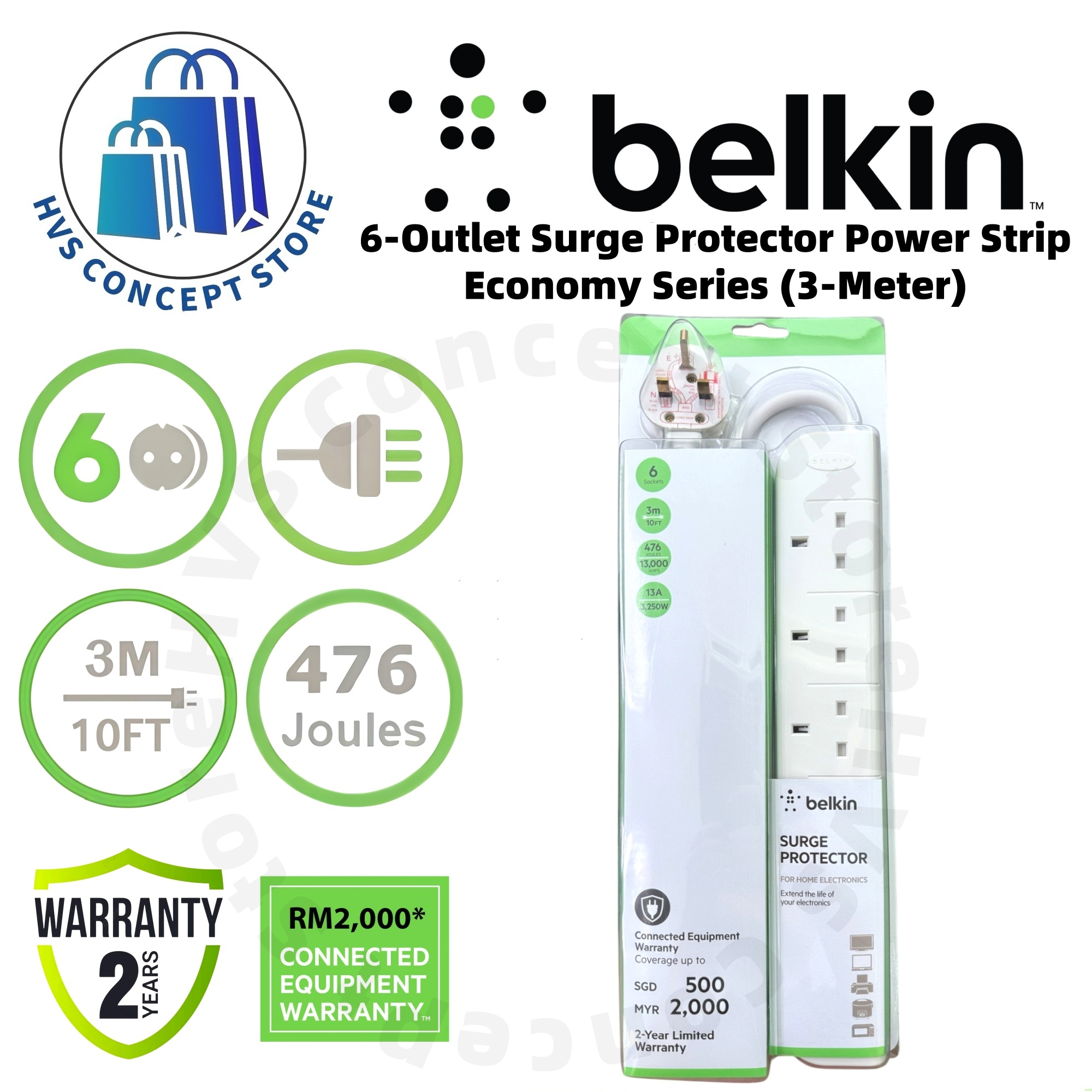 BELKIN 6-OUTLET SURGE PROTECTOR POWER STRIP ENOCOMY SEIRES (3M)