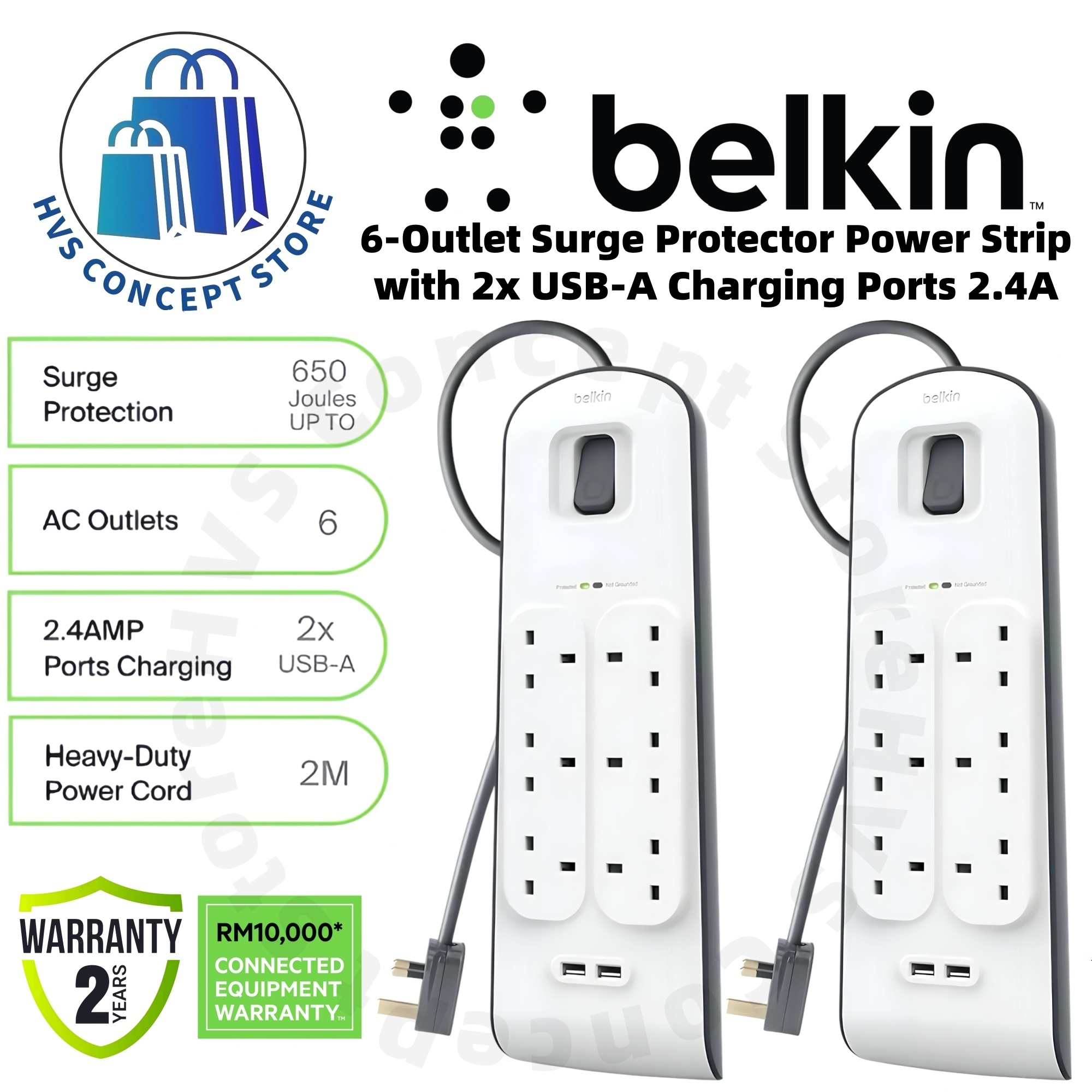 BELKIN 6-OUTLET SURGE PROTECTOR POWER STRIP WITH 2x USB-A CHARING PORTS 2.4A (2M)