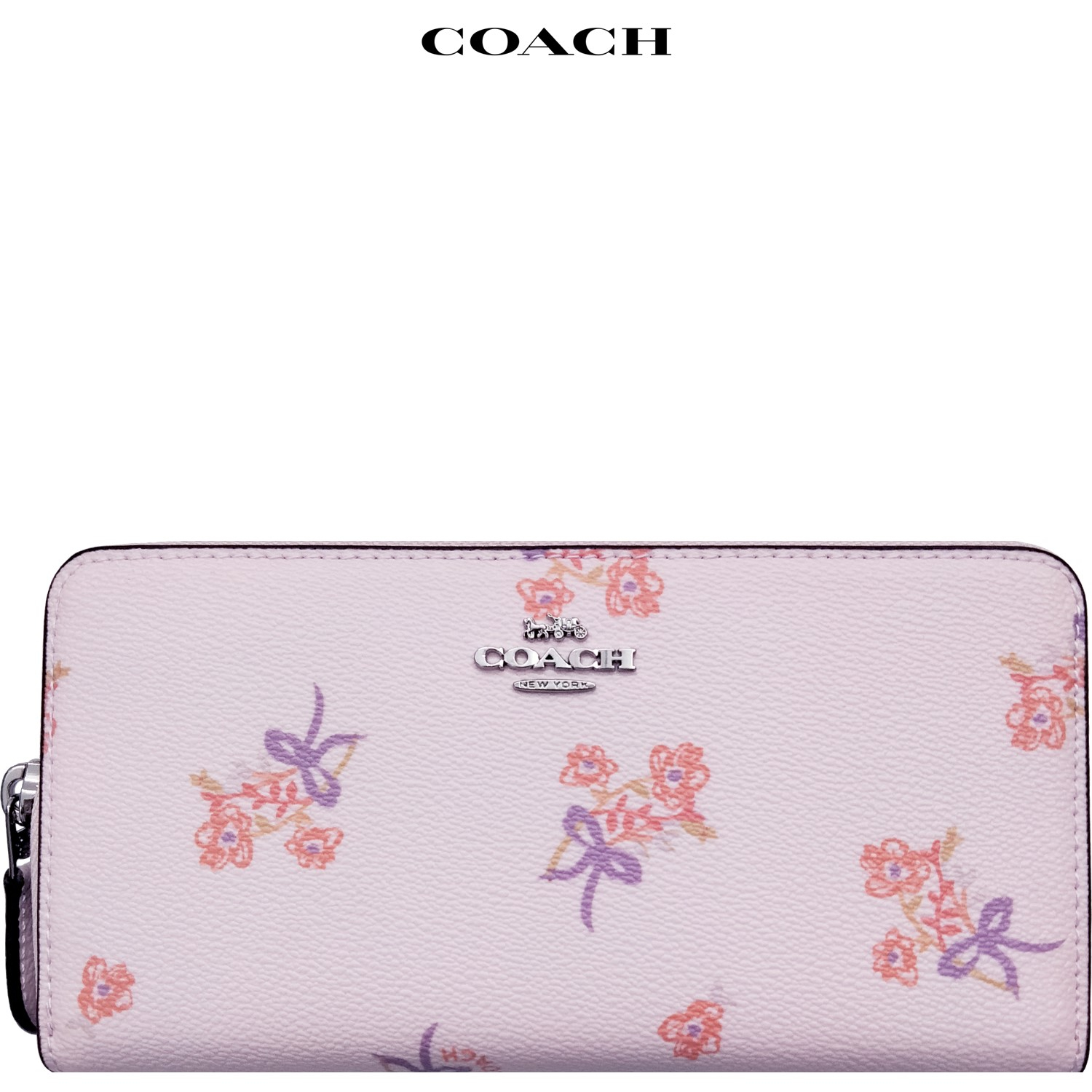 [Clearance] COACH F29969 Accordion Zip Wallet With Floral Bow Print [Ice Pink Floral Bow/Silver]