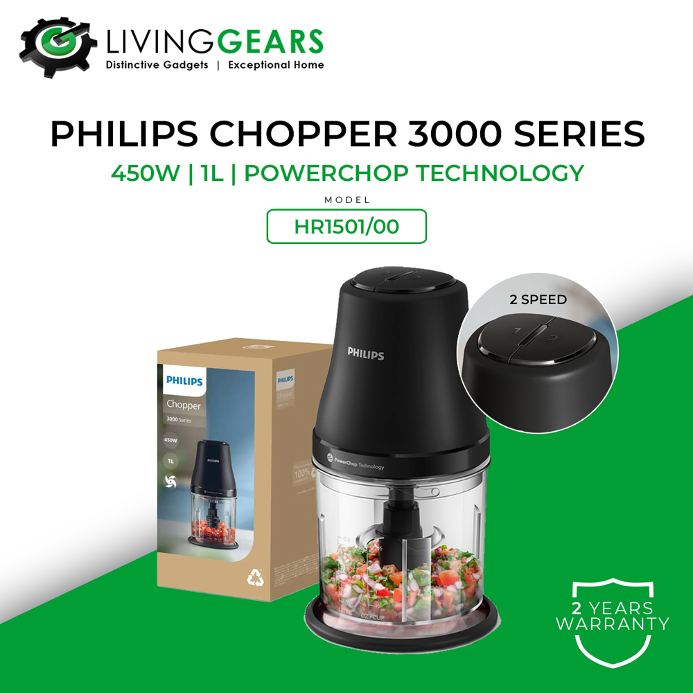 (NEW) Philips HR1501 Chopper | Stainless Steel Blade | 1L Capacity | 450W | PowerChop technology