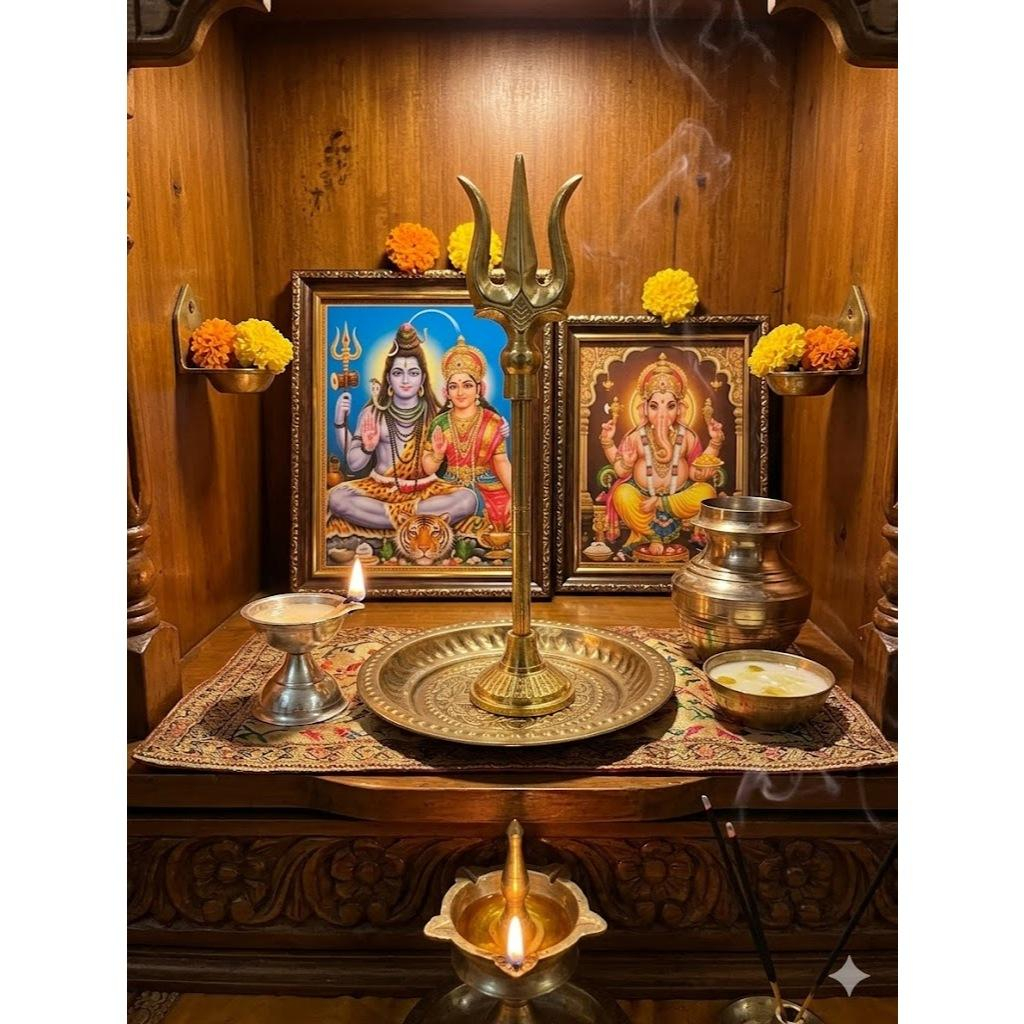 Brass Shiva Trishul with Stand and Integrated Puja Thali โ 6 Inch Handcrafted Religious Idol for Hom