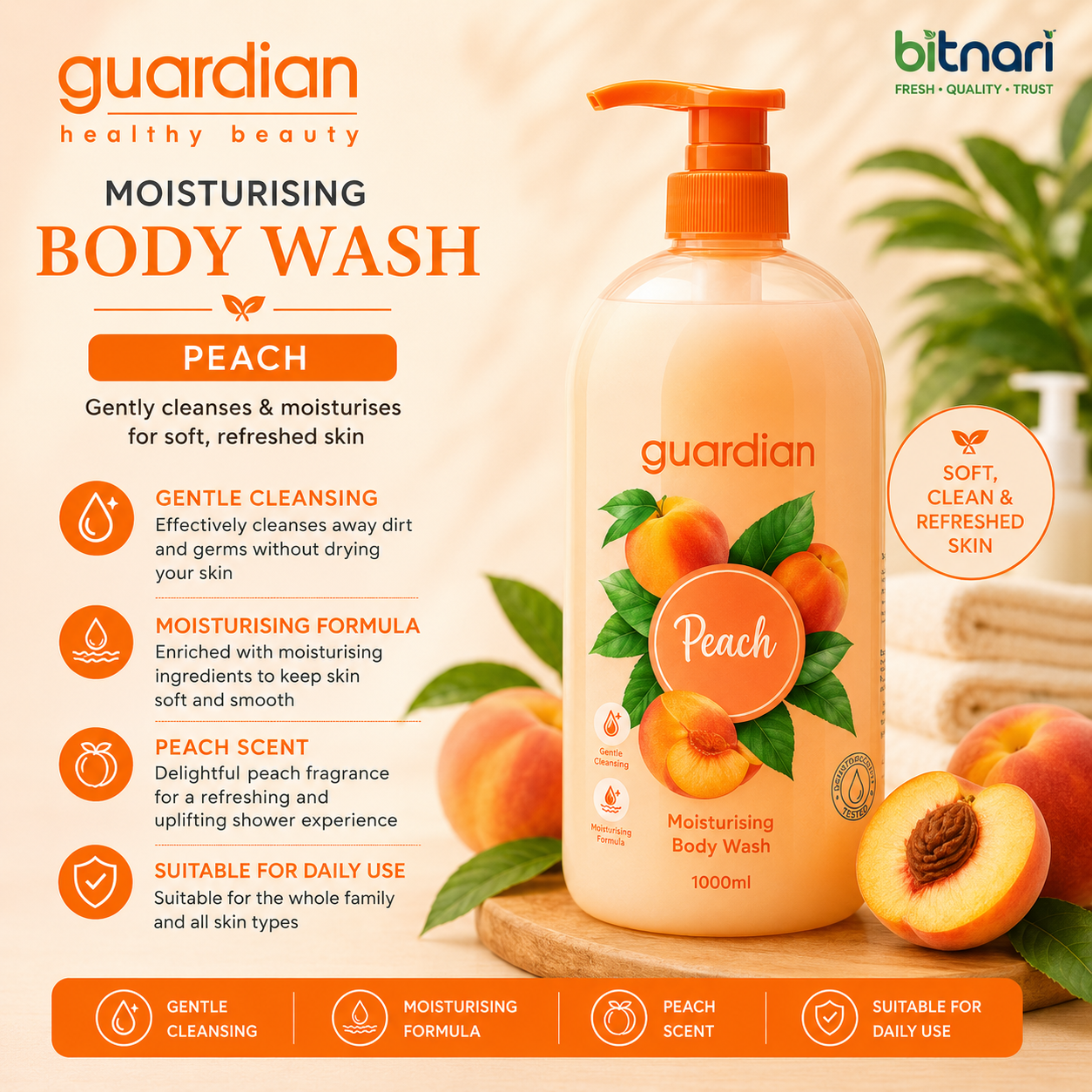 Guardian Peach Moisturising Body Wash 1L