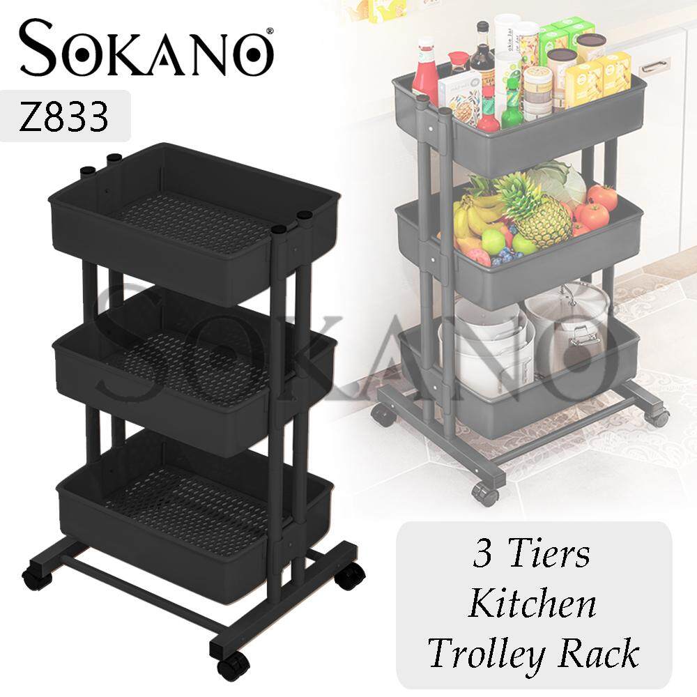 SOKANO Z833 3 Tiers Space Saver Shelves Kitchen Trolley Rack with Wheels Rak Dapur