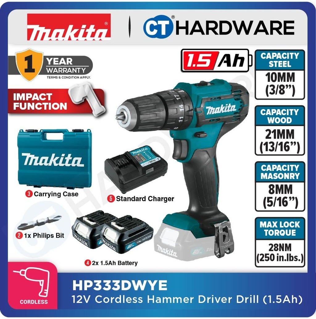 MAKITA HP333DWYE 12V CORDLESS HAMMER DRILL DRIVER 1.5AH | 10MM (3/8") COME WITH 2xBATTERY & 1xCHARGE