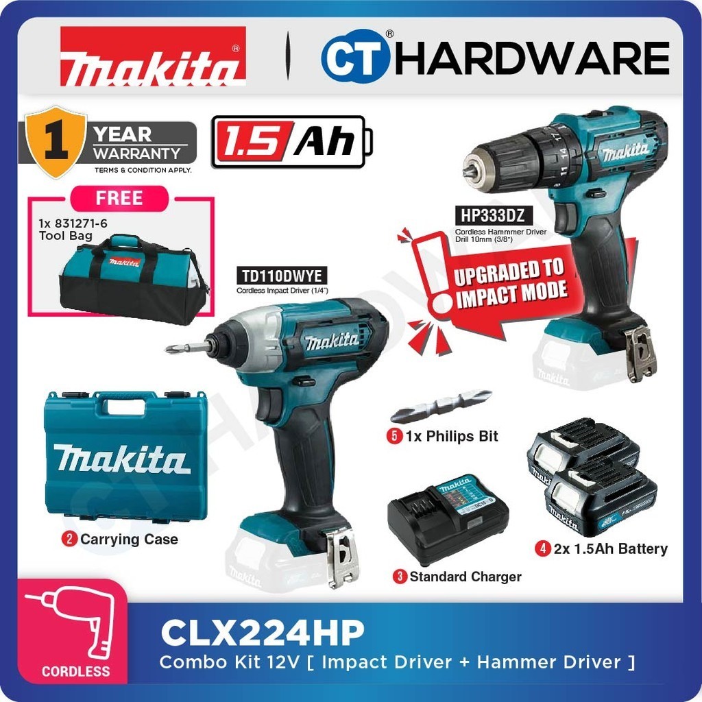 MAKITA CLX224HP COMBO KIT 12V TD110D IMPACT DRIVER + HP333D HAMMER DRILL COME WITH 2x 1.5AH BATTERY