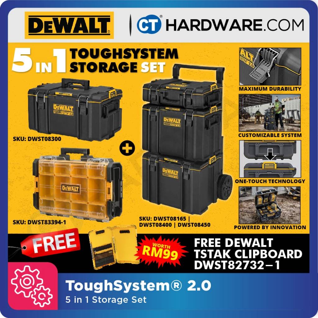 Dewalt 5 in 1 Toughsystem 2.0 Storage Set - 15L (S) | 45L (M) | 59.95L (L) | 64.75L (XL) Tool Box & 