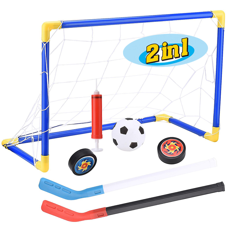 TOPMALL Kids 2 in 1 Hockey Football Game Toy Soccer Net Goal Hover Puck Stick Set Hoki Bola Sepak Bu