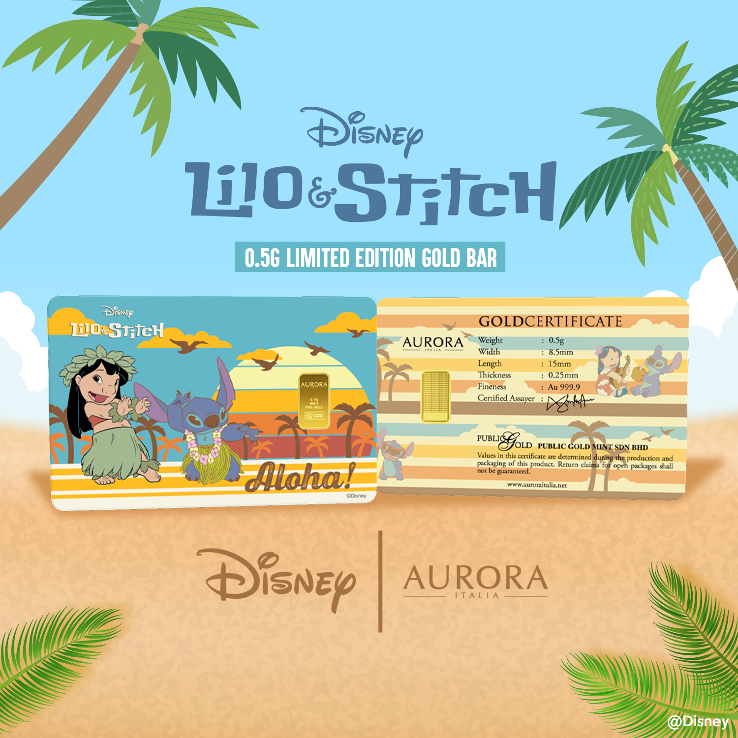 [LAST 500PCS] DISNEY x AURORA ITALIA (0.5g) 999.9 Lilo & Stitch Limited Edition Gold Bar