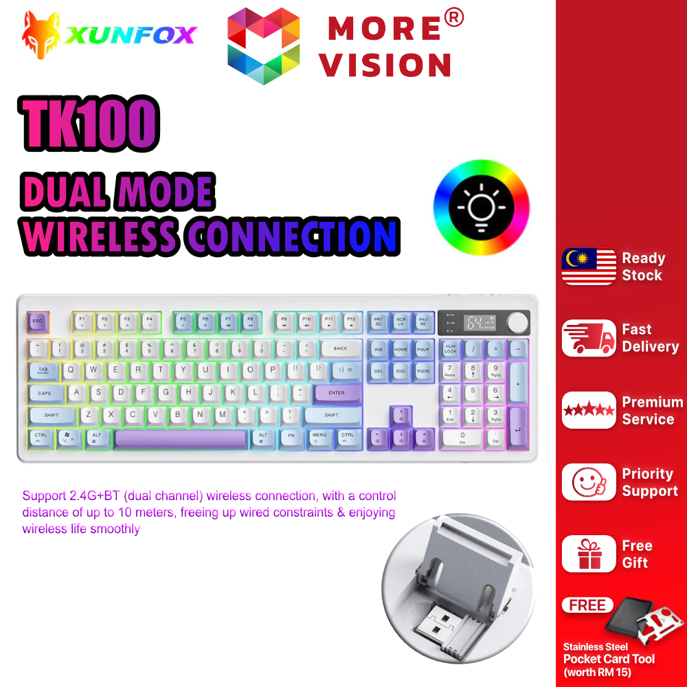 XUNFOX TK100 Wireless Keyboard Bluetooth Dual Mode 2.4GHz E-Sports Gaming RGB Backlit PC Laptop Char