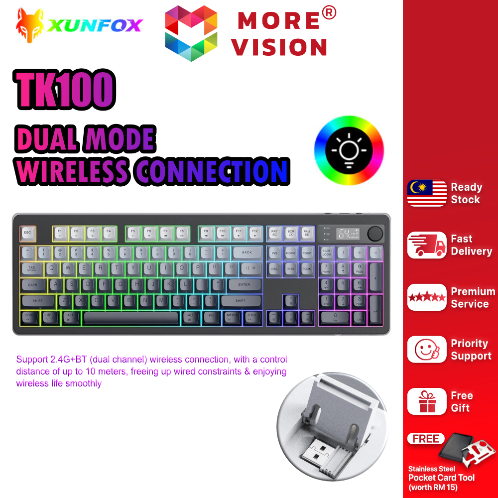 XUNFOX TK100 Wireless Keyboard Bluetooth Dual Mode 2.4GHz E-Sports Gaming RGB Backlit PC Laptop Char