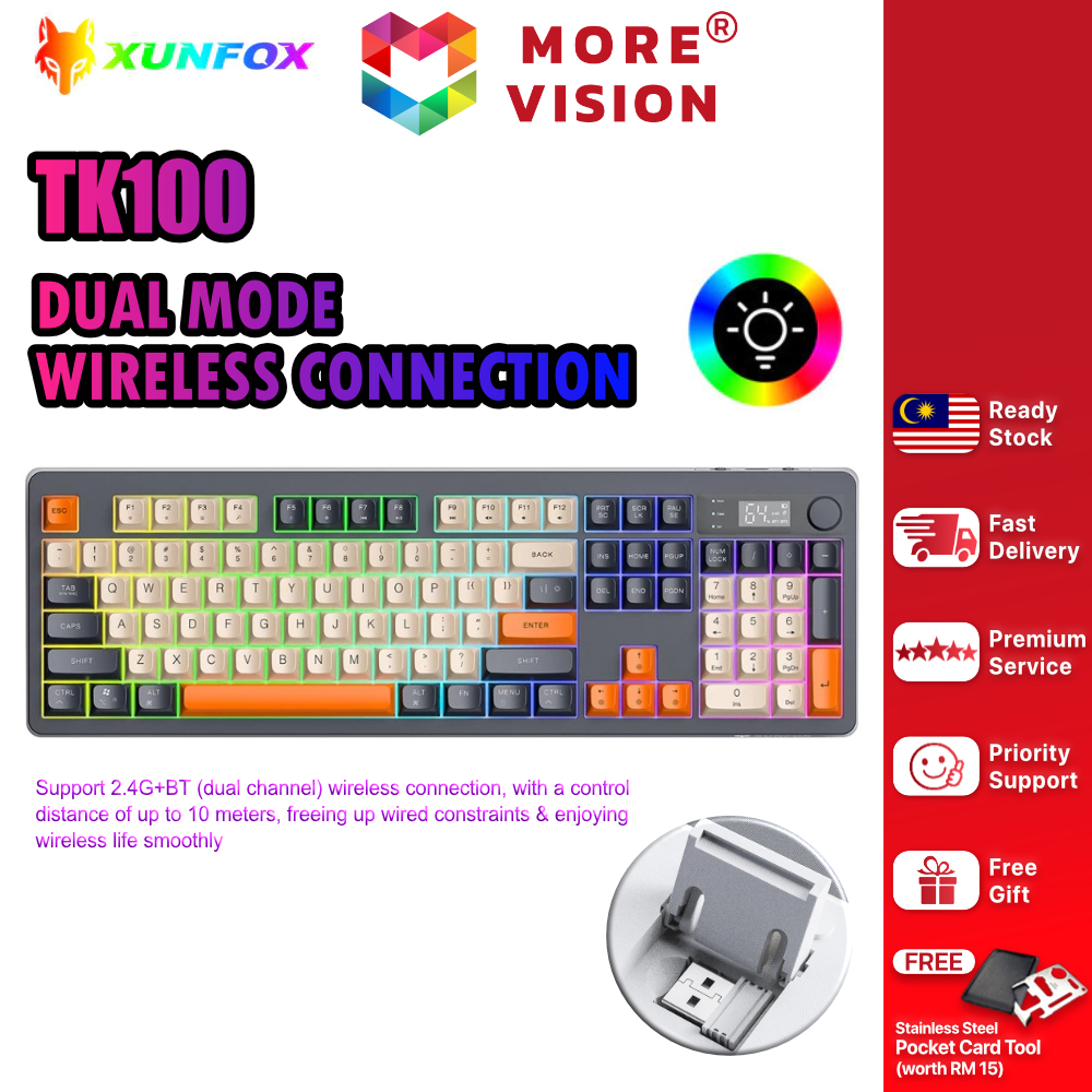 XUNFOX TK100 Wireless Keyboard Bluetooth Dual Mode 2.4GHz E-Sports Gaming RGB Backlit PC Laptop Char