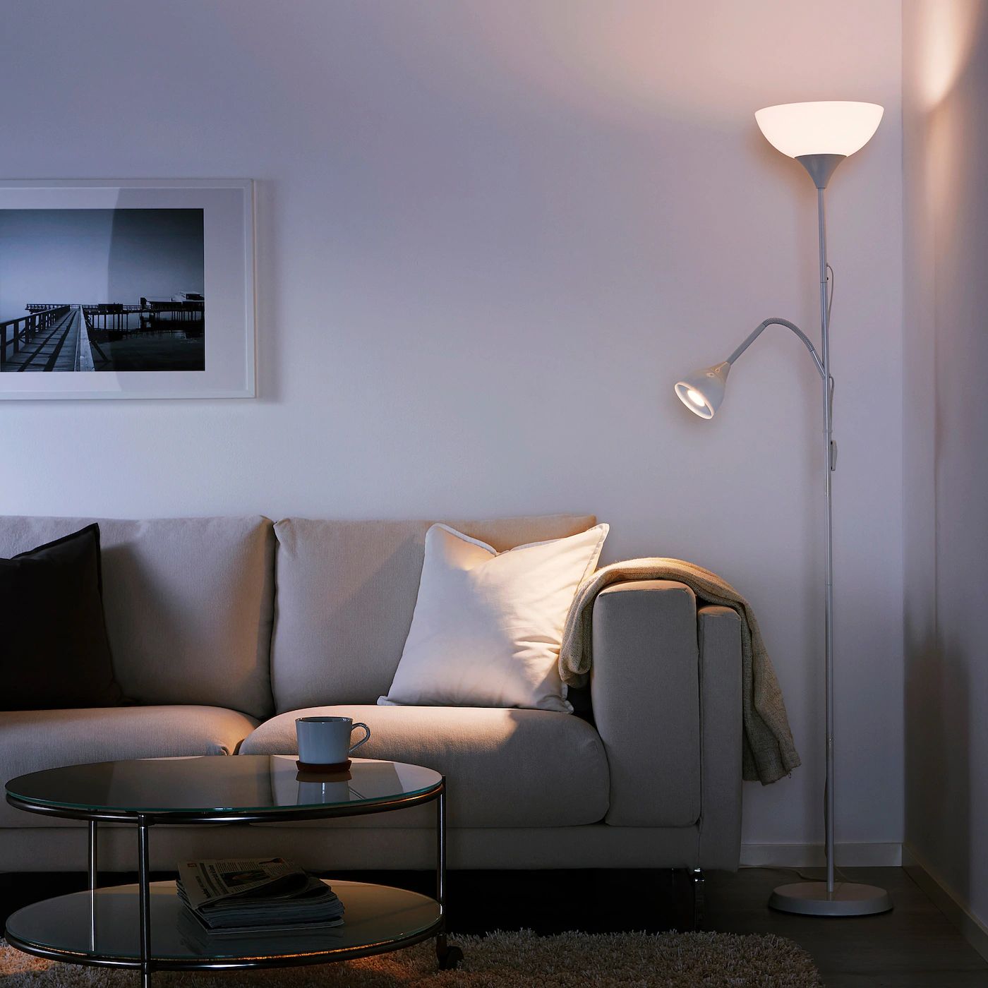 «IKEA» Classical Floor Lamp Uplighter + Reading Lamp Living Bed room, White, Lampu lantai sinar atas