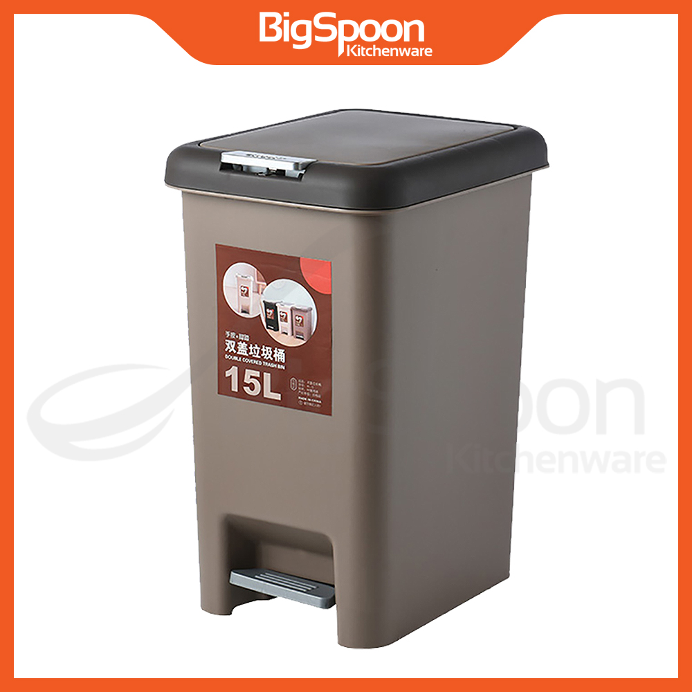 BIGSPOON Dual Pedal Dustbin with Lid and Trash Bag Holder Dustbin Kitchen Rubbish Bin Trash Bin Tong