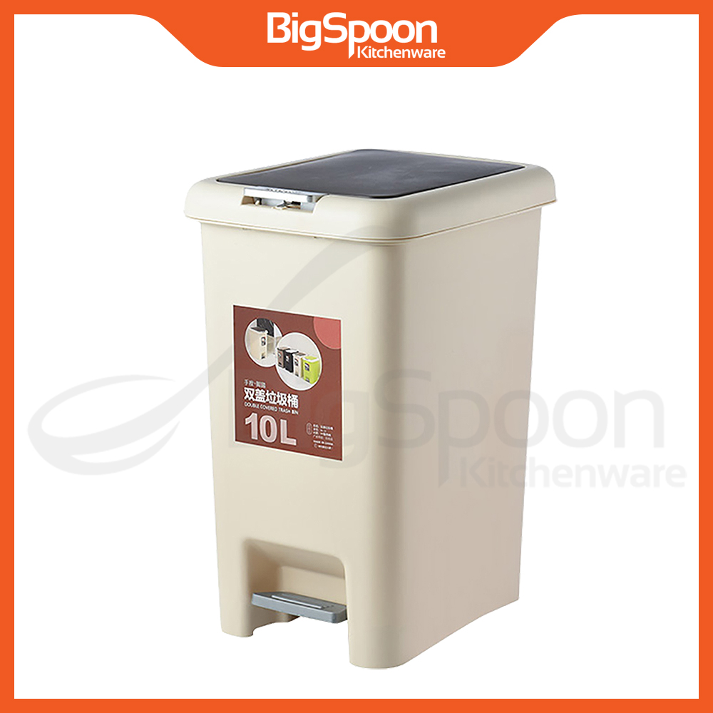 BIGSPOON Dual Pedal Dustbin with Lid and Trash Bag Holder Dustbin Kitchen Rubbish Bin Trash Bin Tong