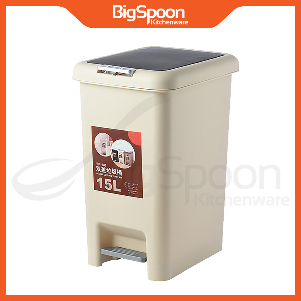 BIGSPOON Dual Pedal Dustbin with Lid and Trash Bag Holder Dustbin Kitchen Rubbish Bin Trash Bin Tong