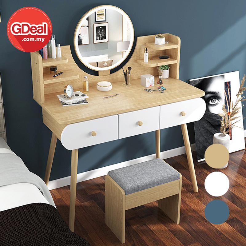 GDeal Bedroom Dressing Table Vanity Makeup Table With Mirror LED Lamp Meja Solek ميجا سوليق