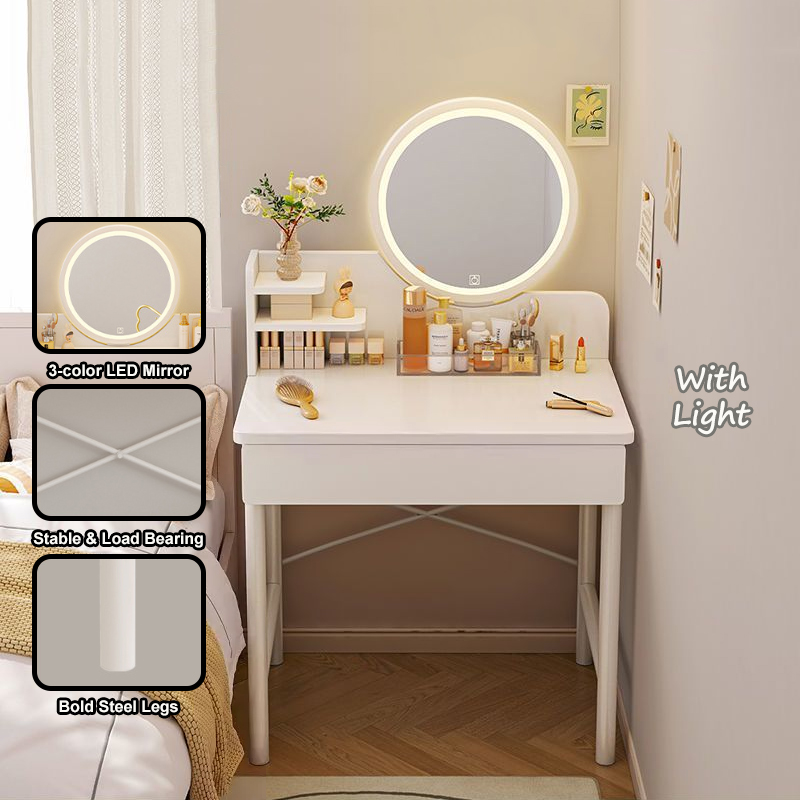 GDeal 60cm Bedroom Dressing Table Aesthetic Vanity Makeup Desk With Round Mirror LED Light Drawer