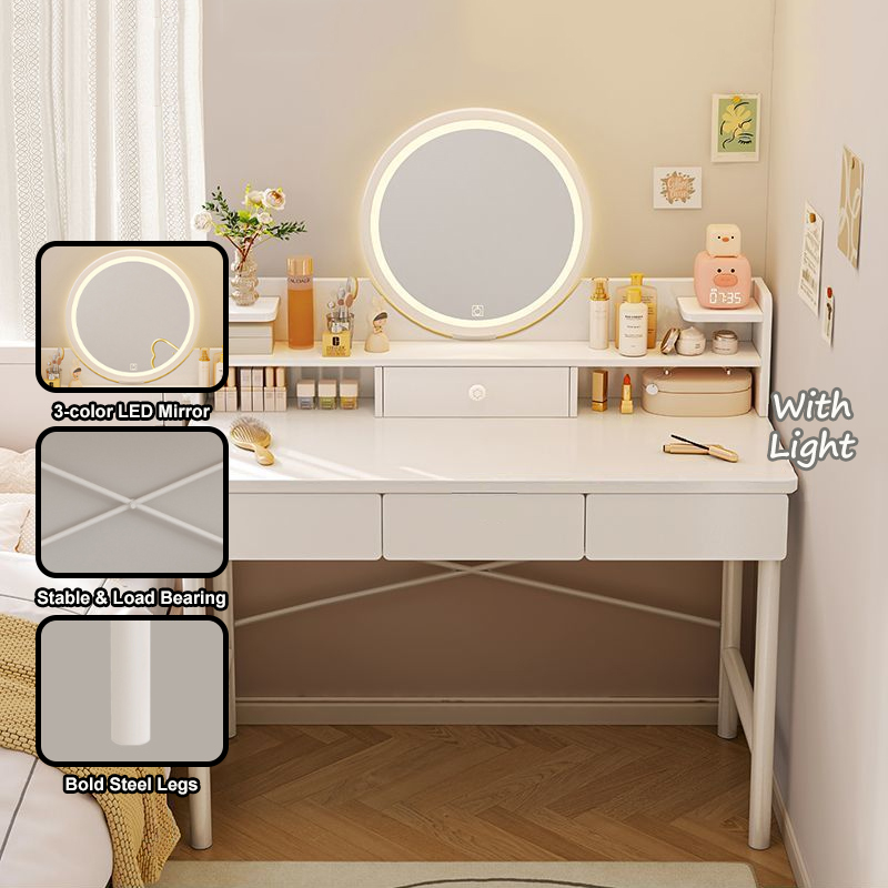 GDeal 100cm Bedroom Dressing Table Aesthetic Vanity Makeup Desk With Round Mirror LED Light Drawer