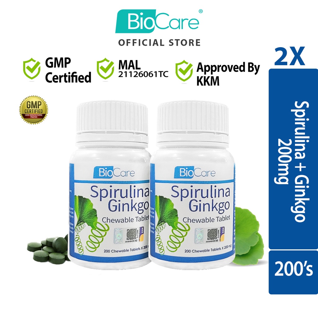 Biocare Spirulina Ginkgo (2 x 200mg x 200 Tablets)