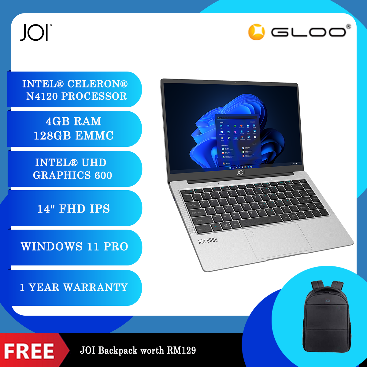 JOI Book 143 Pro (N4120,4GB,128GB eMMC,Integrated,14”,W11Pro) [Free Backpack]