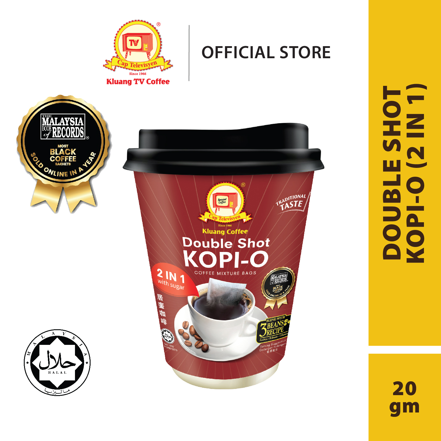 Kluang Coffee Cap Televisyen Double Shot Kopi-O 2in1 (46gm x 1 cup) Kopi O Kluang Cap TV