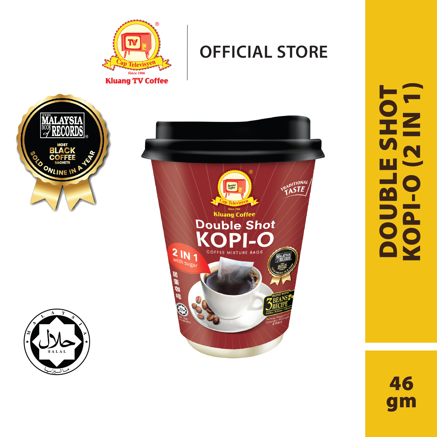 Kluang Coffee Cap Televisyen Double Shot Kopi-O 2in1 (46gm x 1 cup) Kopi O Kluang Cap TV
