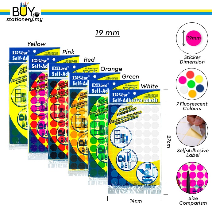 DBest Circle Self Adhesive Sticker Label Marking Fluorescent Colour Dot Sticker Non Toxic -(10s/Pkt)
