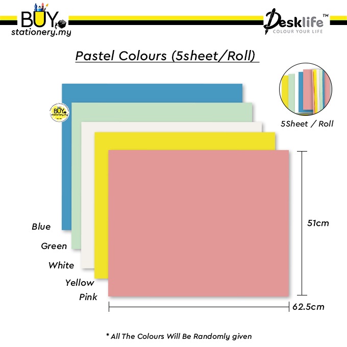 Desklife 180gsm Prima Manila Card Mixed Colour 625mm x 510mm -(ROLL)[Spend RM70 for Free Gift] Kad K