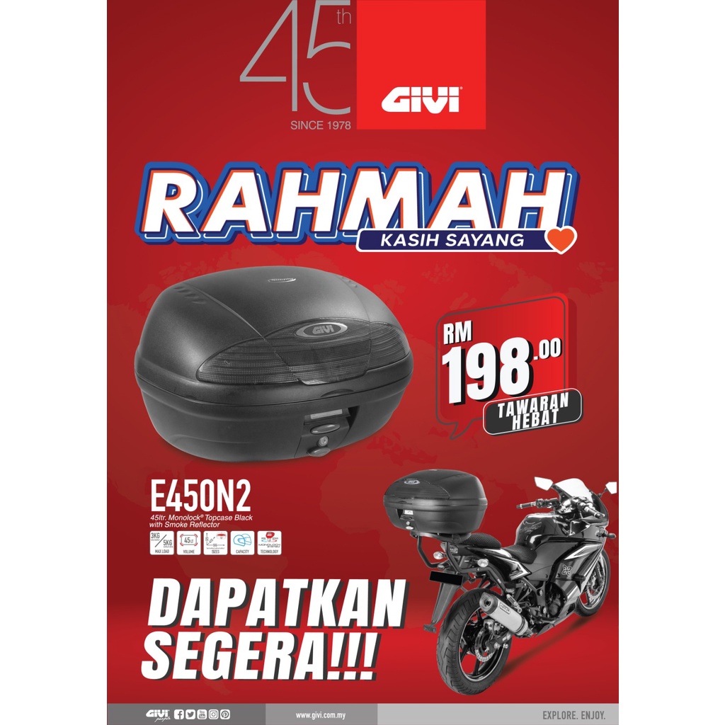 GIVI BOX E450N2 E 450N2 LIMITED EDITION RAHMAH GIVI BOX 45 LITRE GIVI BOX SIMPLY 2 BLACK W/O LIGHT S