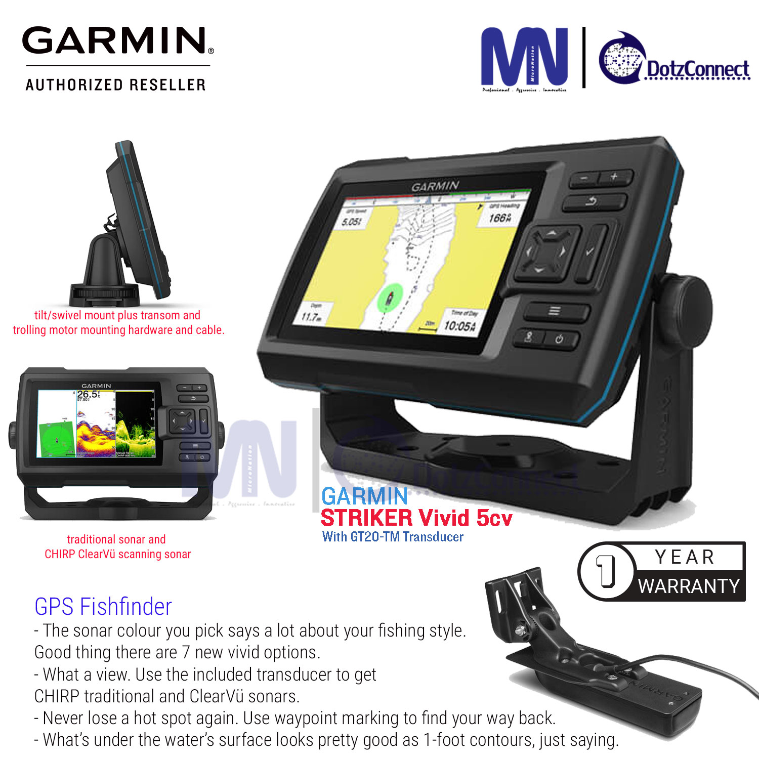 Garmin Striker Striker Vivid 5CV 5" GPS Fishfinder with GT20-TM Transducer