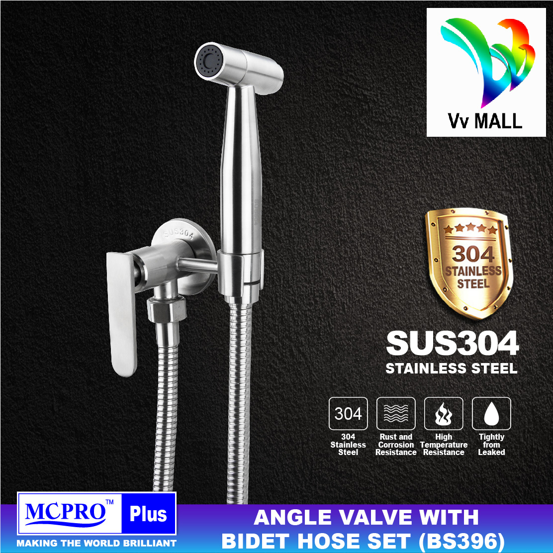 MCPRO Plus Stainless Steel SUS 304 Bathroom Faucet ANGLE VALVE WITH HAND SPRAY BIDET AND HOSE SET E 