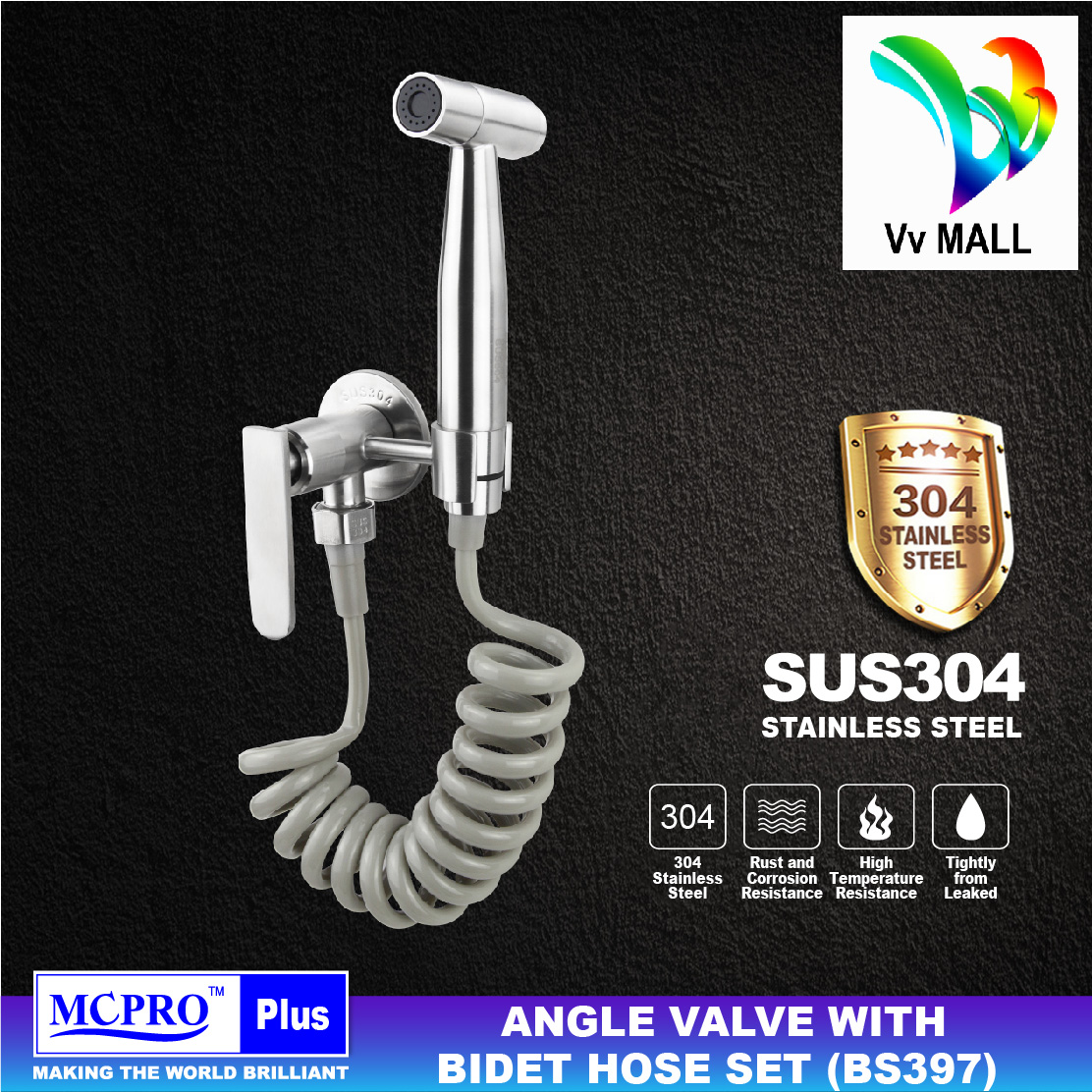 MCPRO Plus Stainless Steel SUS 304 Bathroom Faucet ANGLE VALVE WITH HAND SPRAY BIDET AND HOSE SET F 