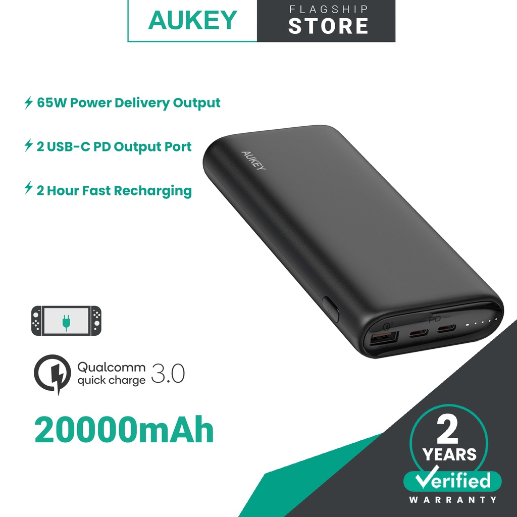 AUKEY PB-Y37 65W PD Dual USB C Port with 20000mAh Powerbank for Notebook, iPhone, Ipad, Nintendo Swi