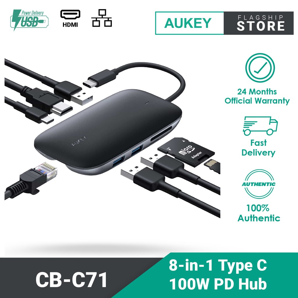AUKEY CB-C71 8-in-1 Type C Hub with Ethernet Port, 4K HDMI, 2 USB 3.0 Ports, 100W USB C Power Delive