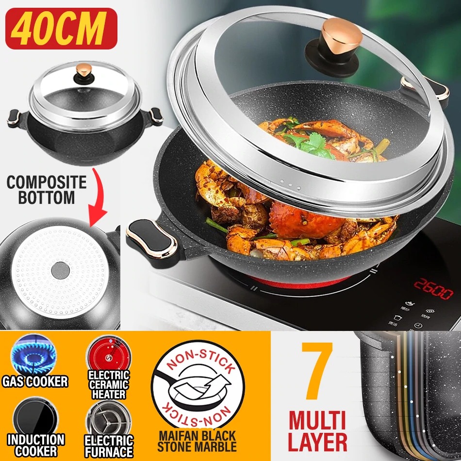 Aromate [ 40CM ] Maifan Nonstick Marble Stone Frying Cooking Wok / Periuk Kuali Masak Tidak Lekat / 