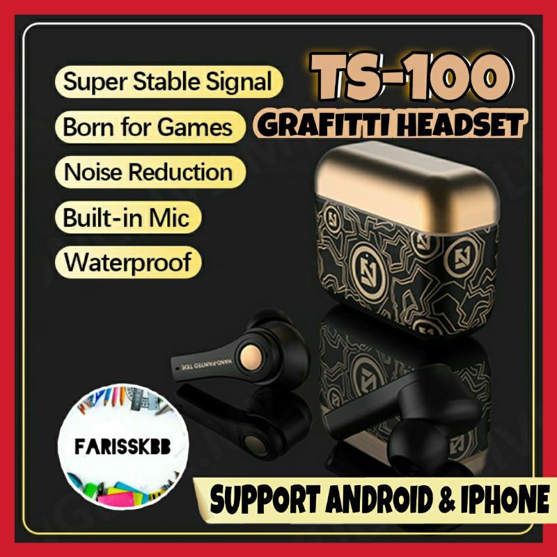 TS-100 9D EARPHONE TWS BLUETOOTH EARPHONE WIRELESS EARBUDS GRAFFITI EXTRA BASS HEADSET WIRELESS EARP