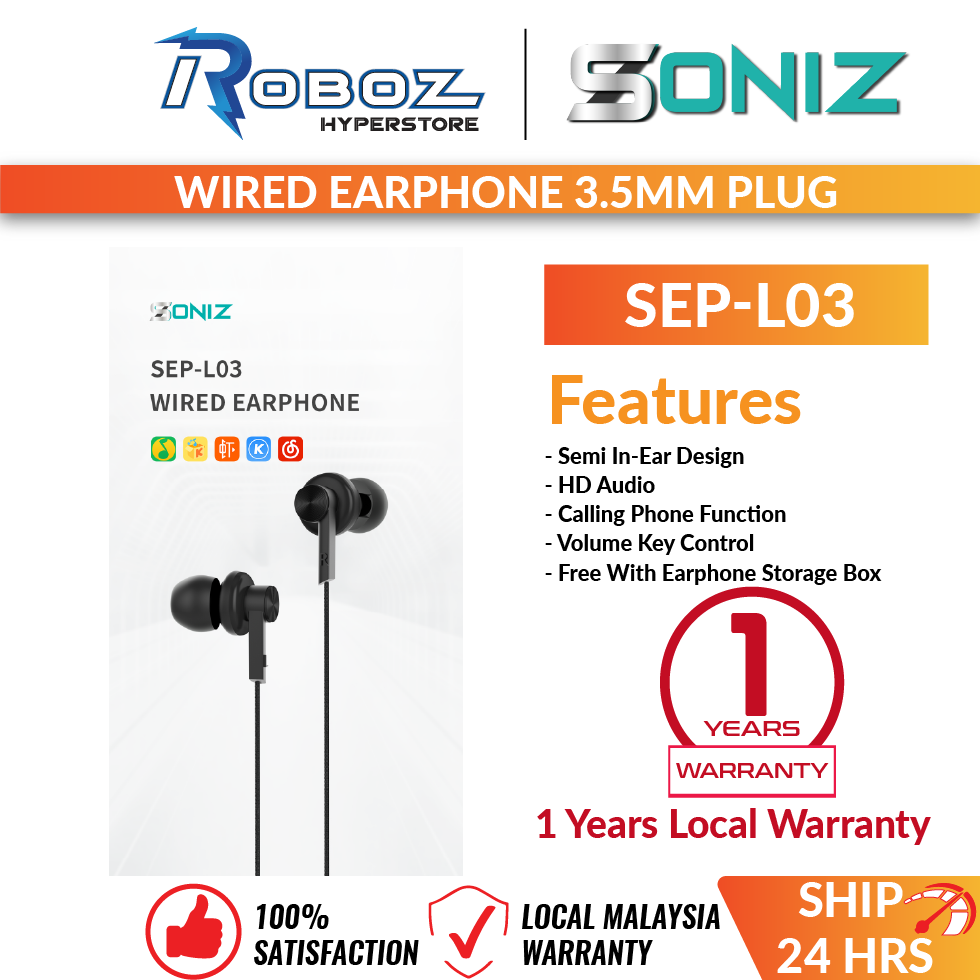 Soniz SEP-L03 Wired Earphone 3.5mm Plug (1 Year Local Warranty) Roboz Hyperstore